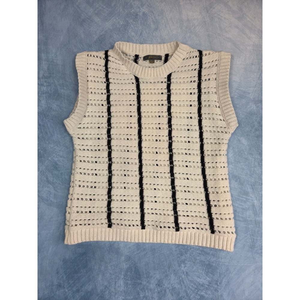 Miroh Women's Sweater Vest L Cream Black Stripe Open Knit Sleeveless Crewneck